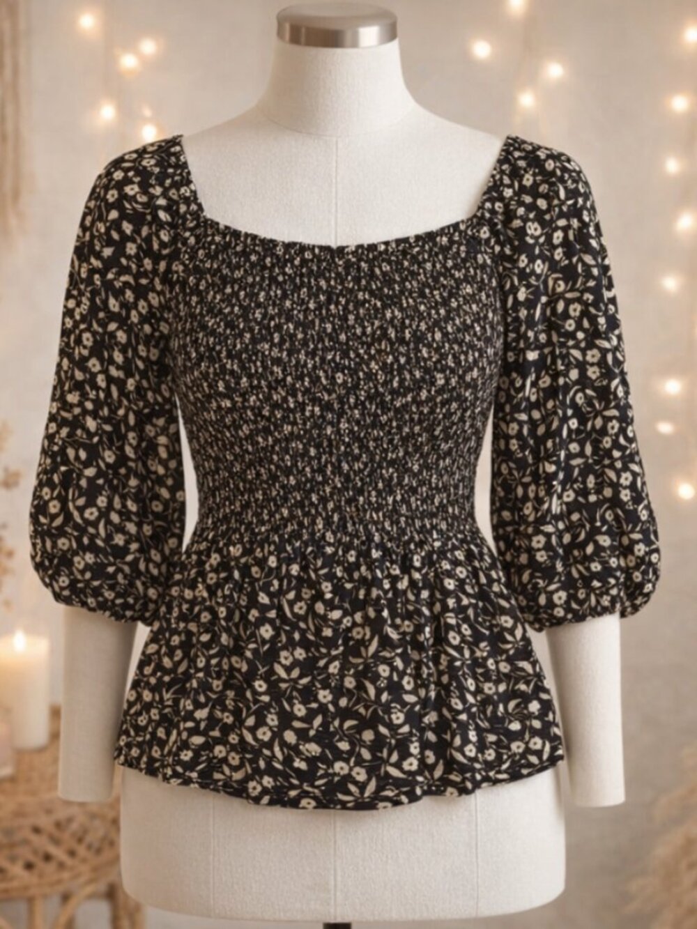 Studio B By Bobeau Black Floral Smocked Top M Cottagecore Romantic Feminine Boho